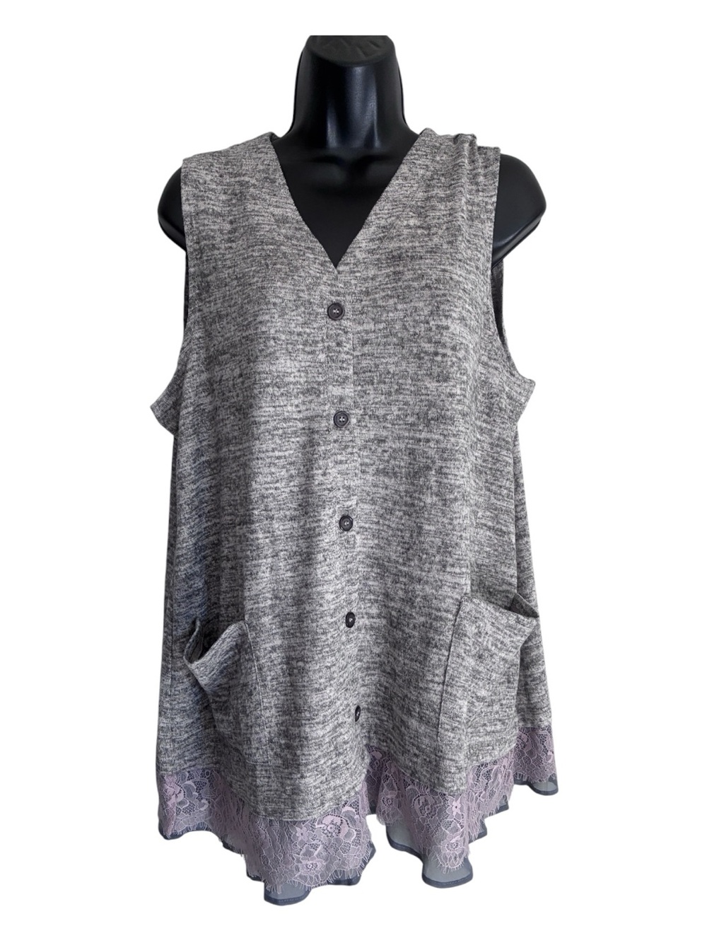 LOGO Cozy Grandmacore Lagenlook Cottagecore Gray Knit Tunic Tank Lace Sz L